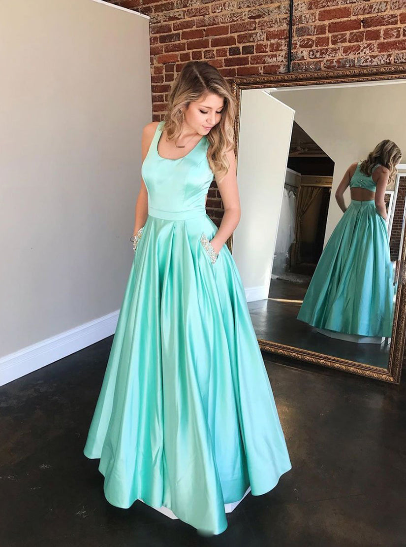 Simple Green Satin Long Prom Dress Green Evening Dress