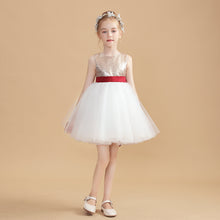 White Tulle Gold Short Flower Girl Dress With Sequins