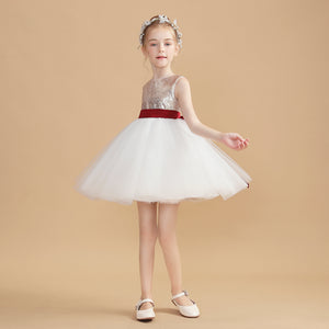 White Tulle Gold Short Flower Girl Dress With Sequins