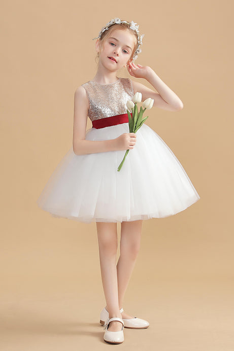 Sequins Gold Short Flower Girl Dress With White Tulle