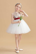 White Tulle Gold Short Flower Girl Dress With Sequins