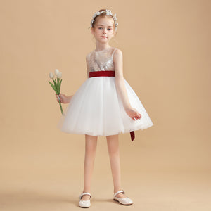 White Tulle Gold Short Flower Girl Dress With Sequins