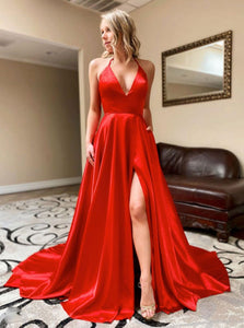 Simple V Neck Red Satin Long Prom Dress Red Evening Dress