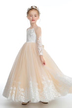 Champagne Long Tulle Flower Girl dress With Pearls