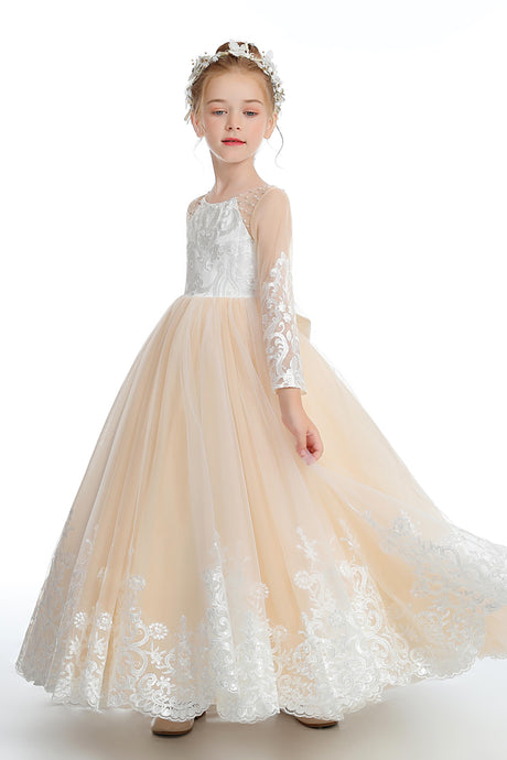 Champagne Long Tulle Flower Girl Dress With Pearls