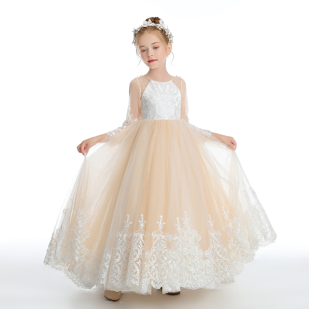 Champagne Long Tulle Flower Girl Dress With Pearls