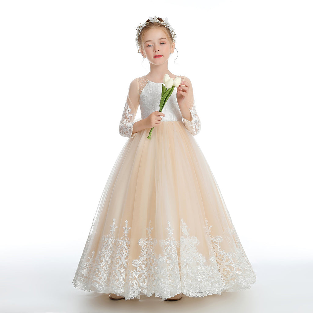 Champagne Long Tulle Flower Girl Dress With Pearls
