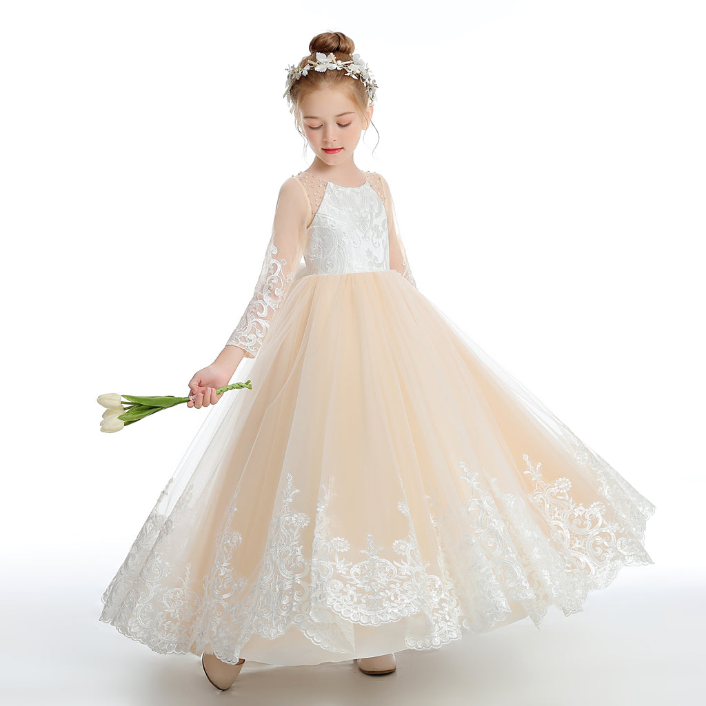 Champagne Long Tulle Flower Girl Dress With Pearls