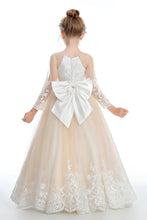 Champagne Long Tulle Flower Girl dress With Pearls