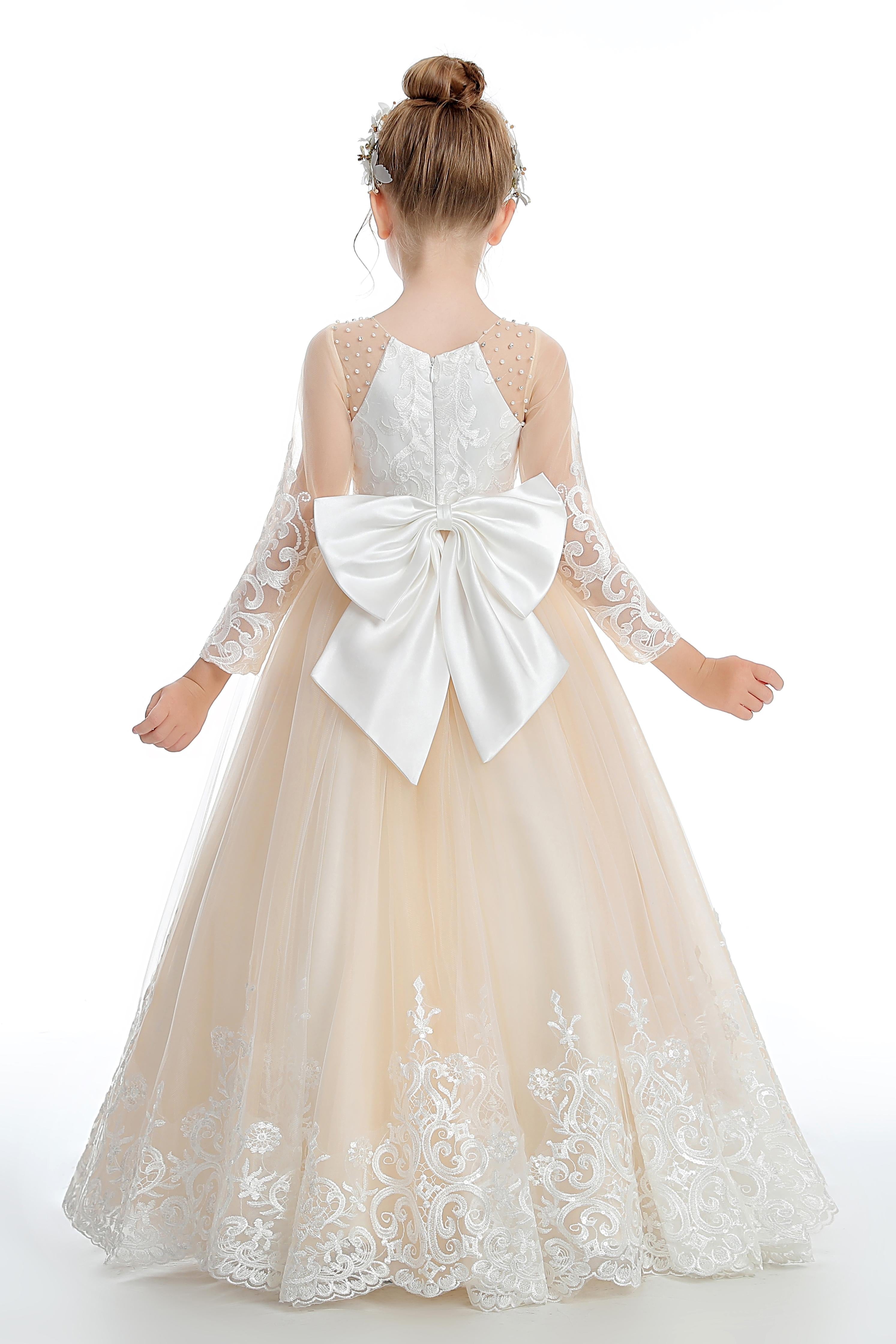 Champagne Long Tulle Flower Girl Dress With Pearls