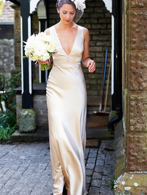 Sexy Sheath/Column Deep V-neck Satin Wedding Dress OW257