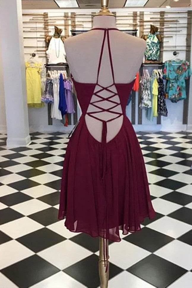 Chiffon Burgundy Short Prom Dress, Lace-up Graduation Homecoming Dress OM439