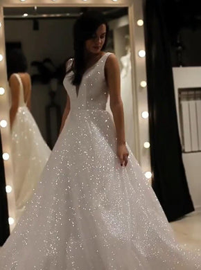 Sparkly V-neck Backless Wedding Gown, Sequins Prom Dress On Sale UK, OW314