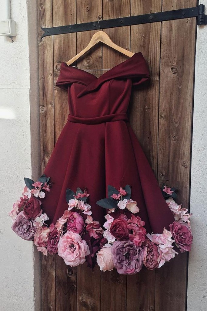 Off Shoulder 3D Appliques Burgundy Homecoming Dress Short Prom Dress OM321