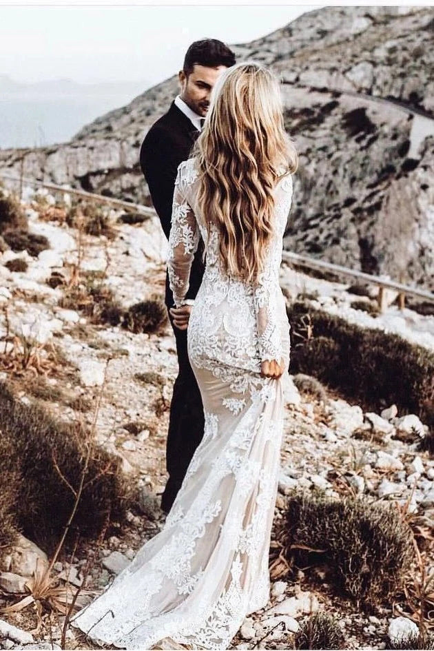Modest Long Sleeve Mermaid Lace Wedding Dresses Rustic Wedding Gowns OW562