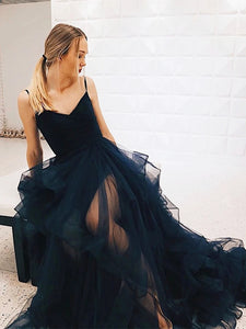 V Neck Dark Navy Blue Long Prom Dresses, Tulle Formal Evening Dresses PO403