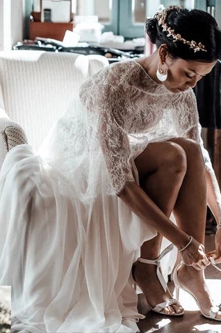 Two Piece Lace Chiffon Convertible Beach Wedding Dress With Split OW584