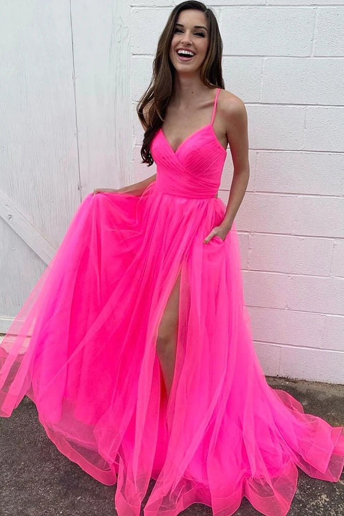 Fluorescent Fuchsia Spaghetti Straps Long Prom Dresses With Split PO338