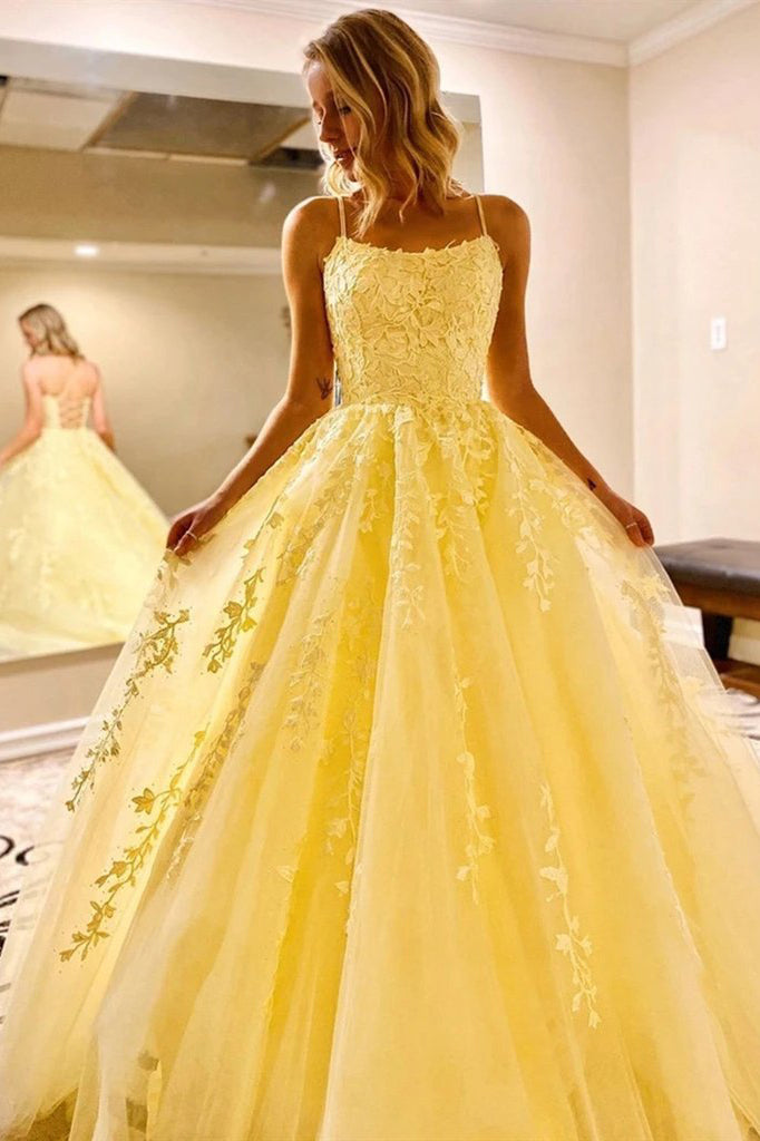 Daffodil Straps A-Line Tulle Long Prom Dresses With Appliques