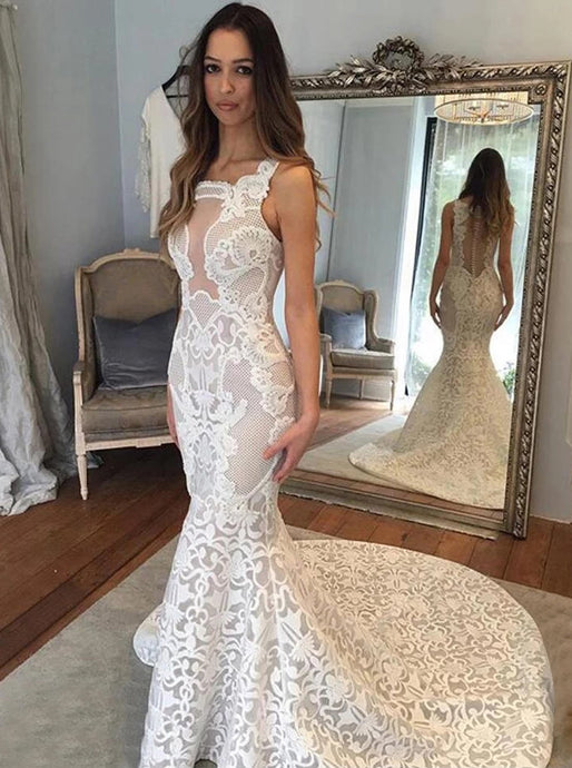 Square Illusion Back Court Train Mermaid Lace Wedding Dress OW640