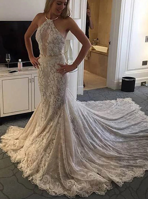 Halter Mermaid Lace Sleeveless Wedding Dress with Appliques OW641