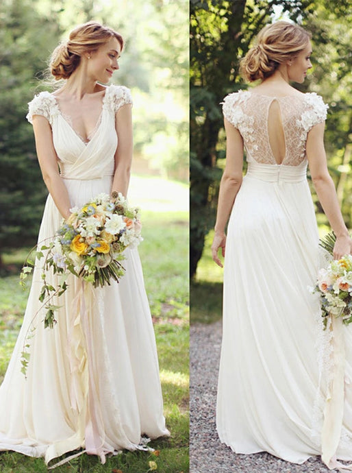 A-Line V-Neck Ivory Chiffon Beach Wedding Dress with Appliques OW636