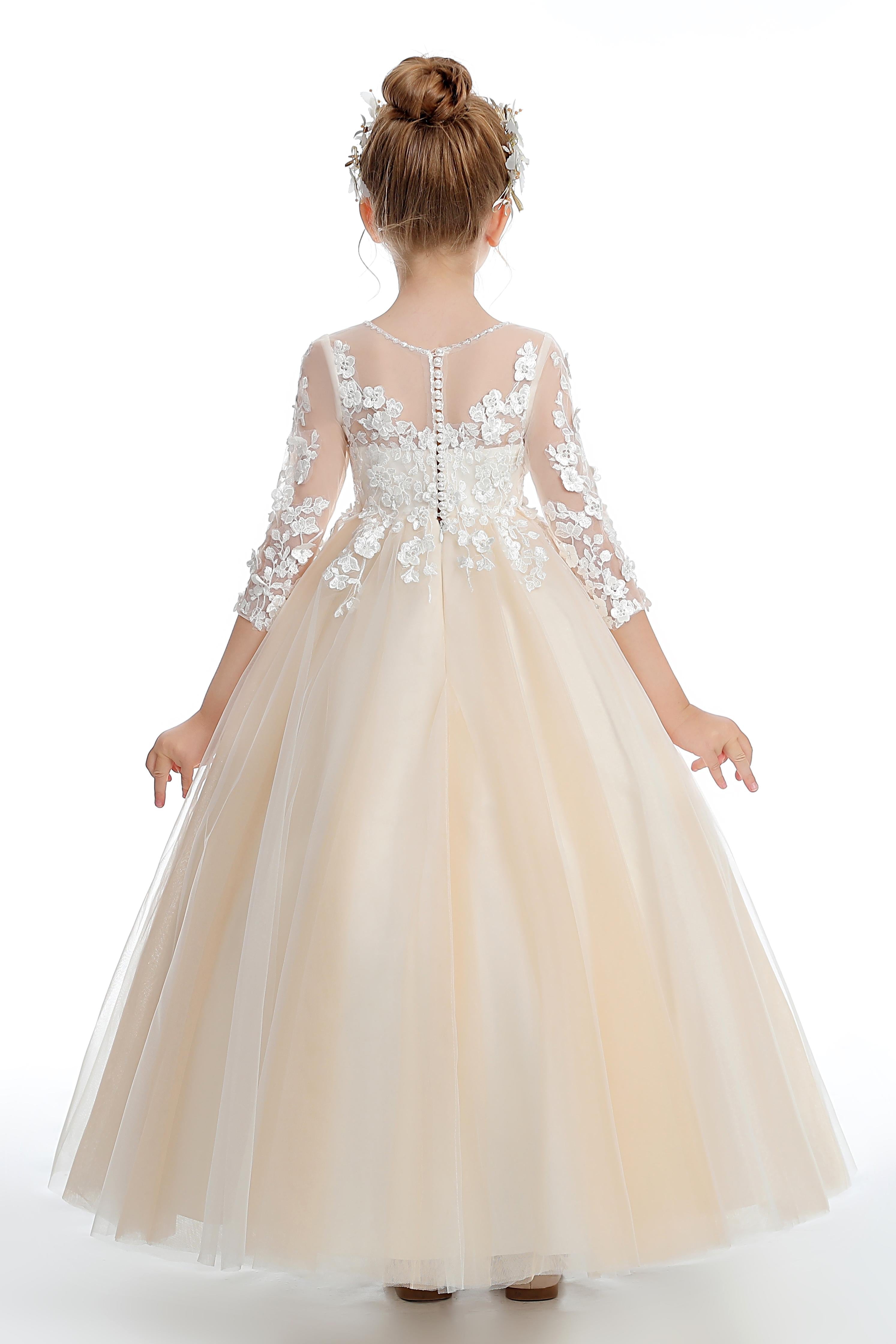 Half Sleeves Champagne Floor Length Tulle Flower Girl Dress With Lace