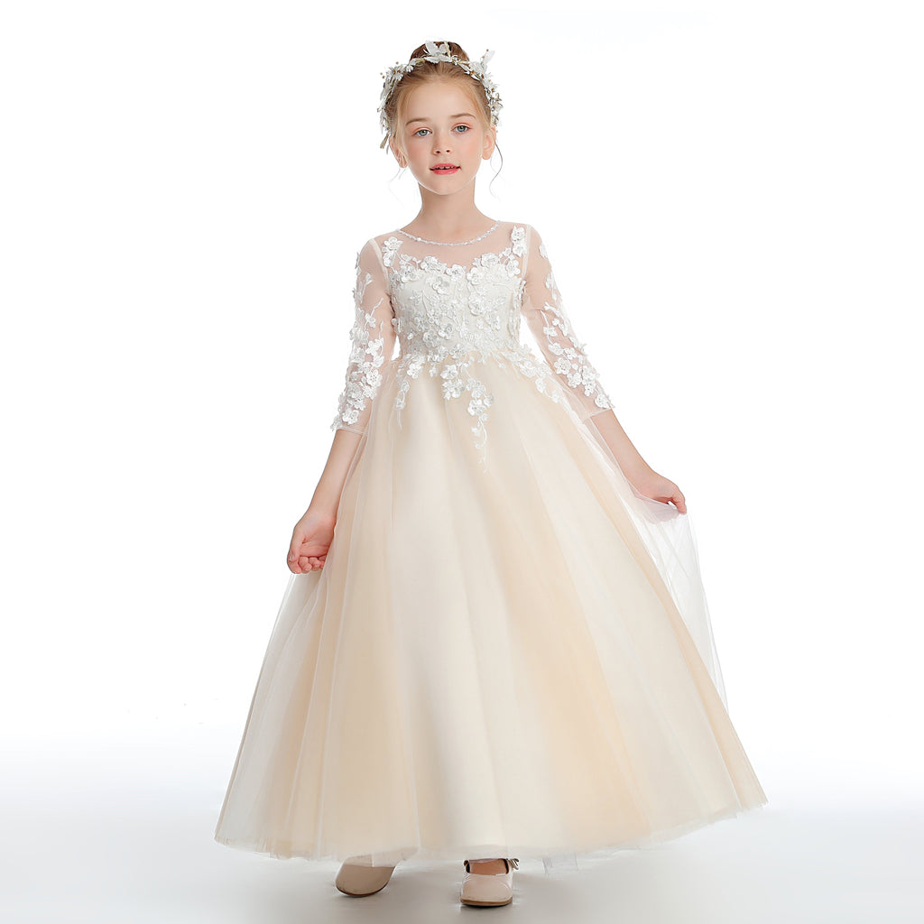 Half Sleeves Champagne Floor Length Tulle Flower Girl Dress With Lace