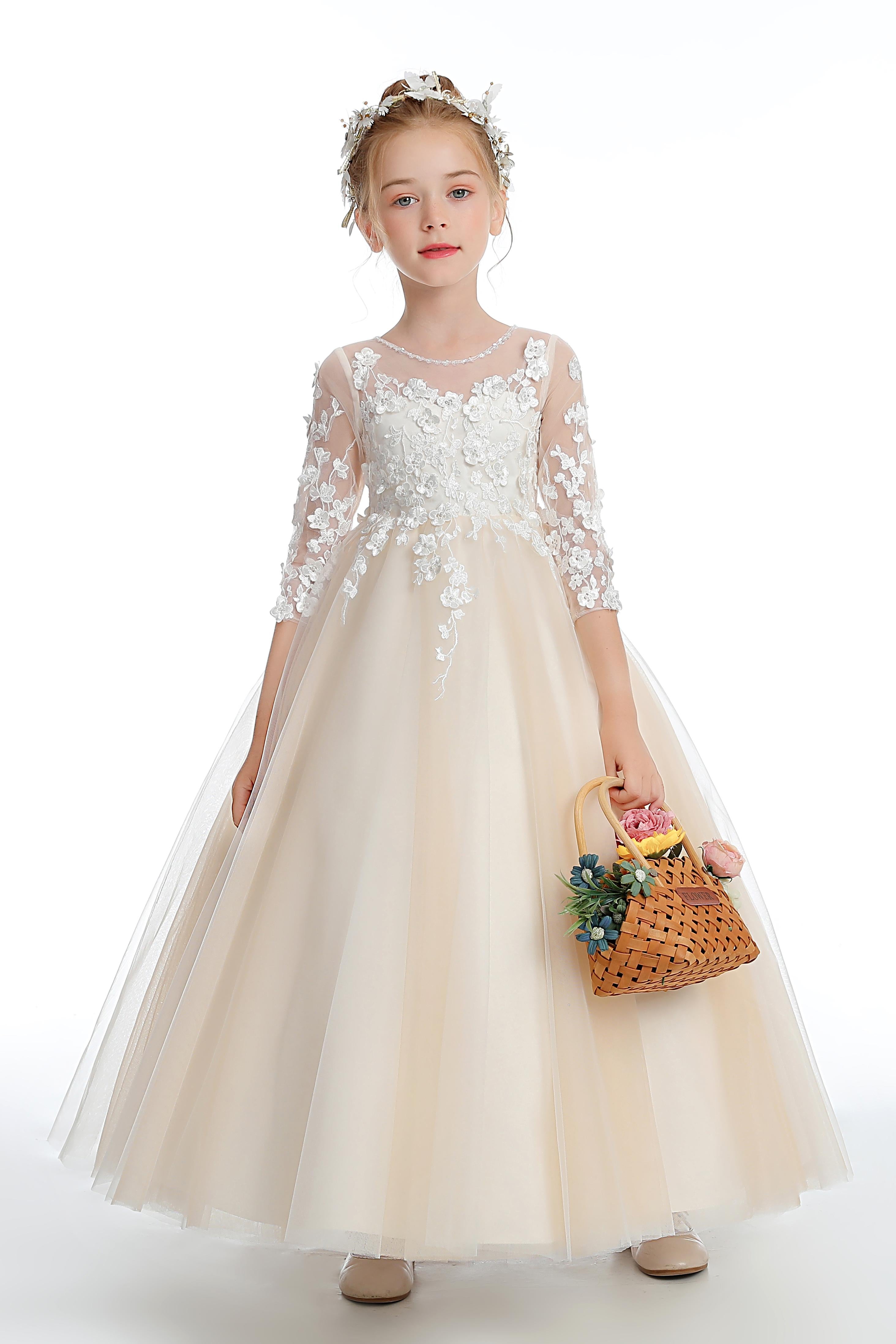 Half Sleeves Champagne Floor Length Tulle Flower Girl Dress With Lace