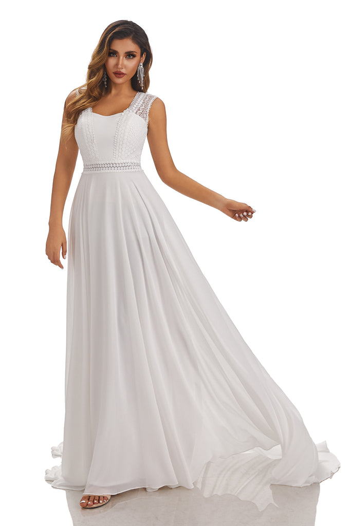 Simple A-Line Sleeveless Chiffon Wedding Dress With Lace Appliques