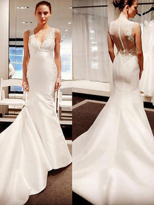 Trumpet/Mermaid V-neck Illusion Back Satin Wedding Dress OW245