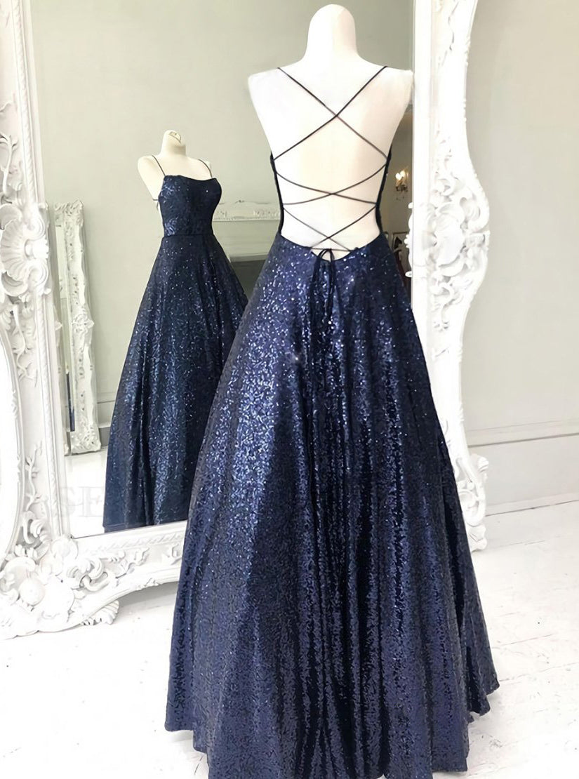 Sparkly Spaghetti Straps Navy Blue Long Prom Dress With Sequins