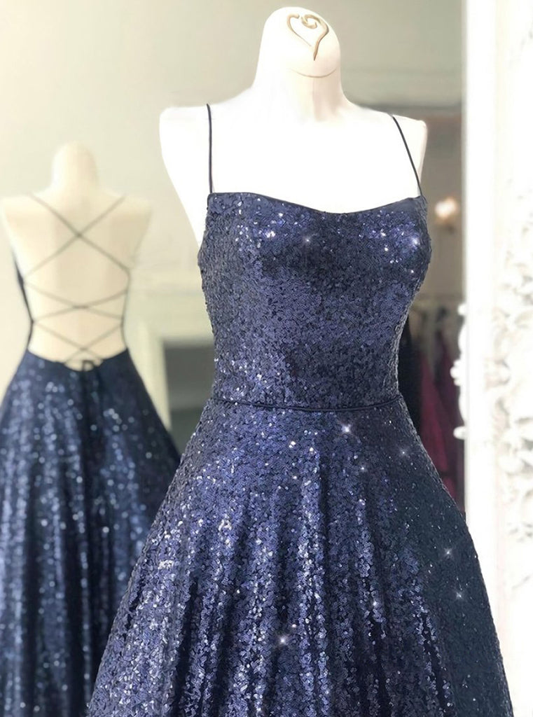 Sparkly Spaghetti Straps Navy Blue Long Prom Dress With Sequins