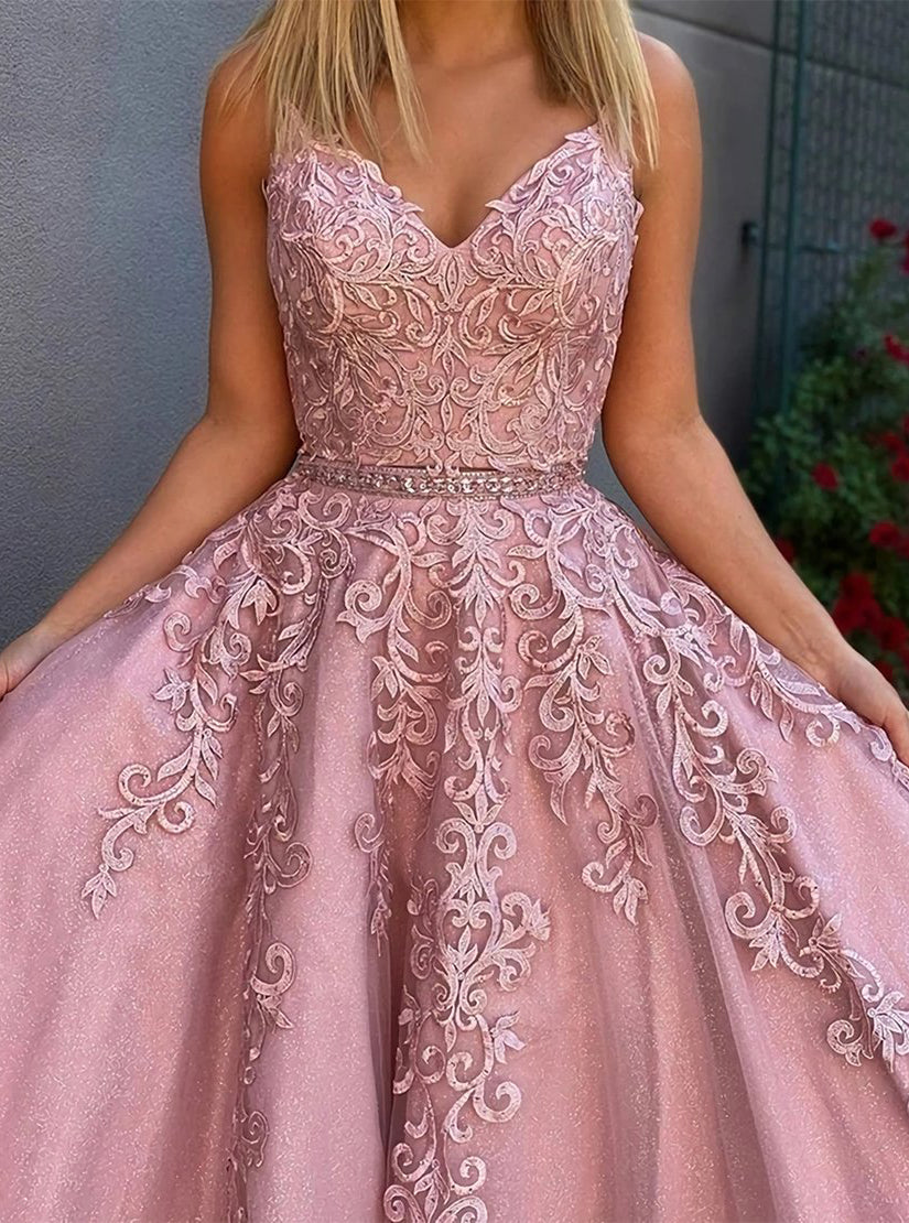 A-Line Pink Lace Two Pieces Long Prom Dress