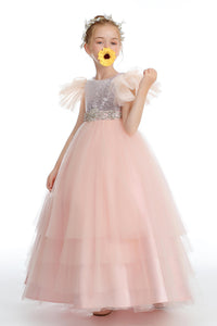 Pink Ruffles Silver Tulle Flower Girl Dress With Beading Sequins