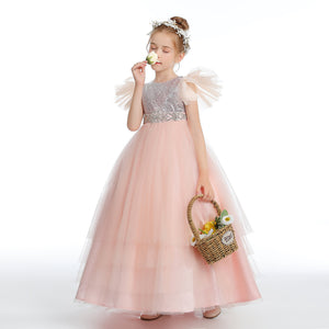 Pink Ruffles Silver Tulle Flower Girl dress With Beading Sequins