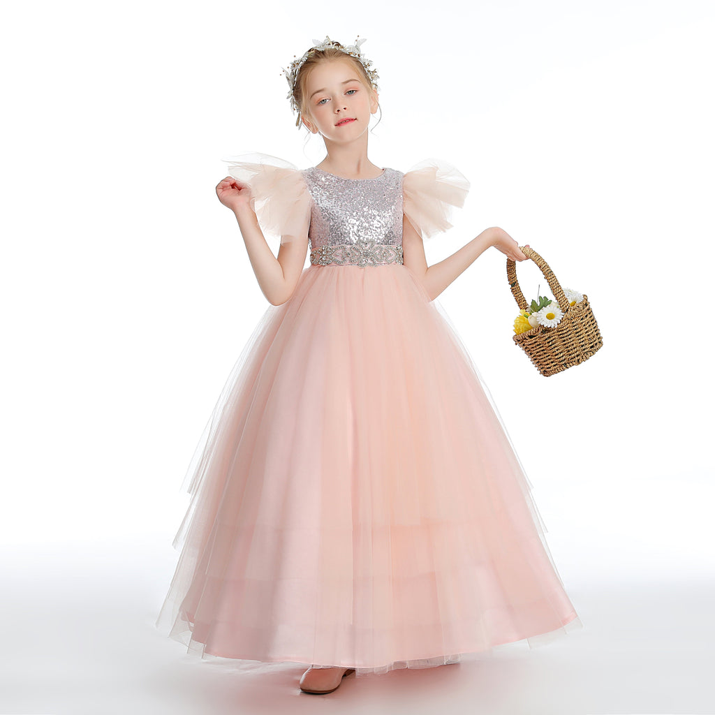 Pink Ruffles Silver Tulle Flower Girl Dress With Beading Sequins
