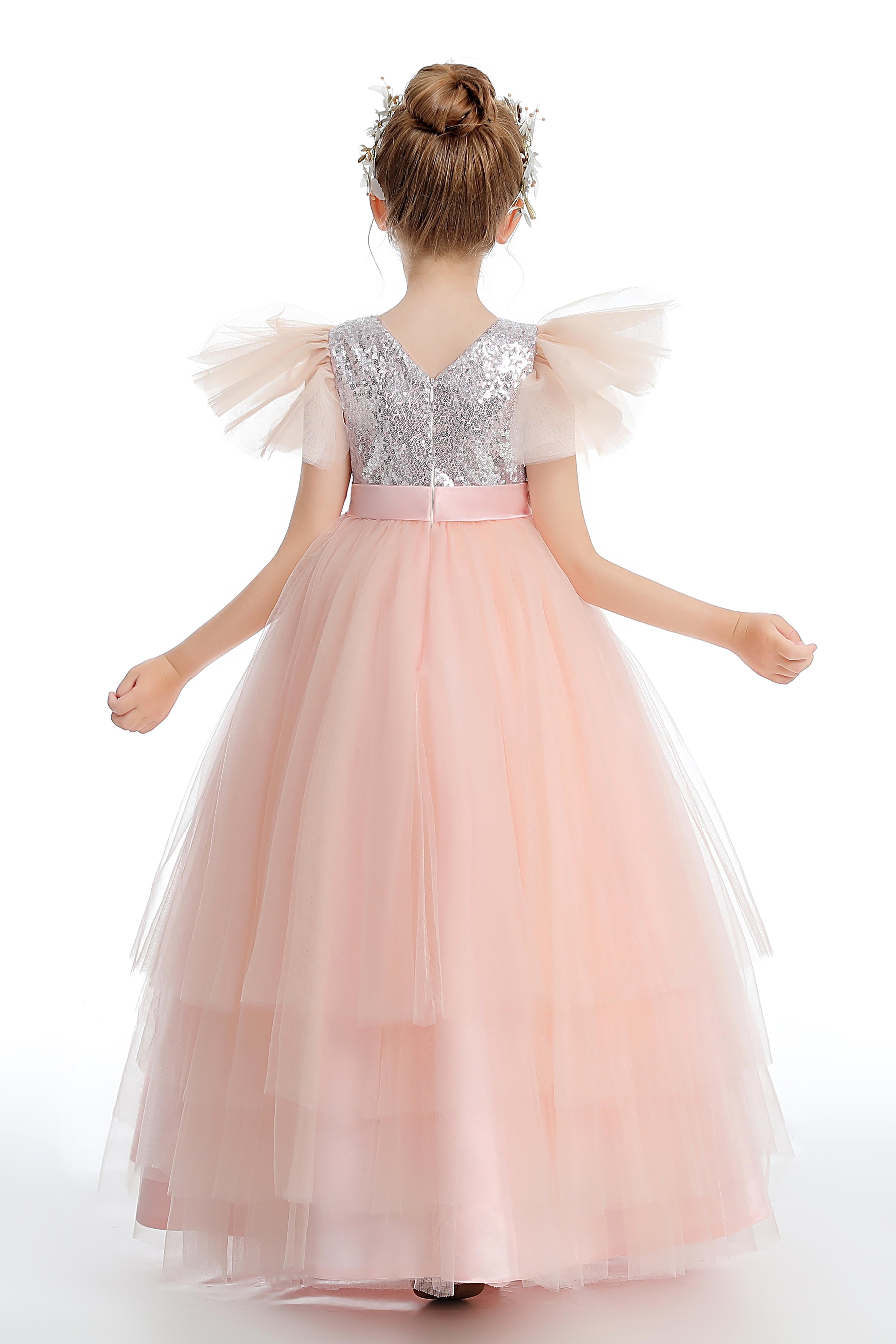 Pink Ruffles Silver Tulle Flower Girl Dress With Beading Sequins