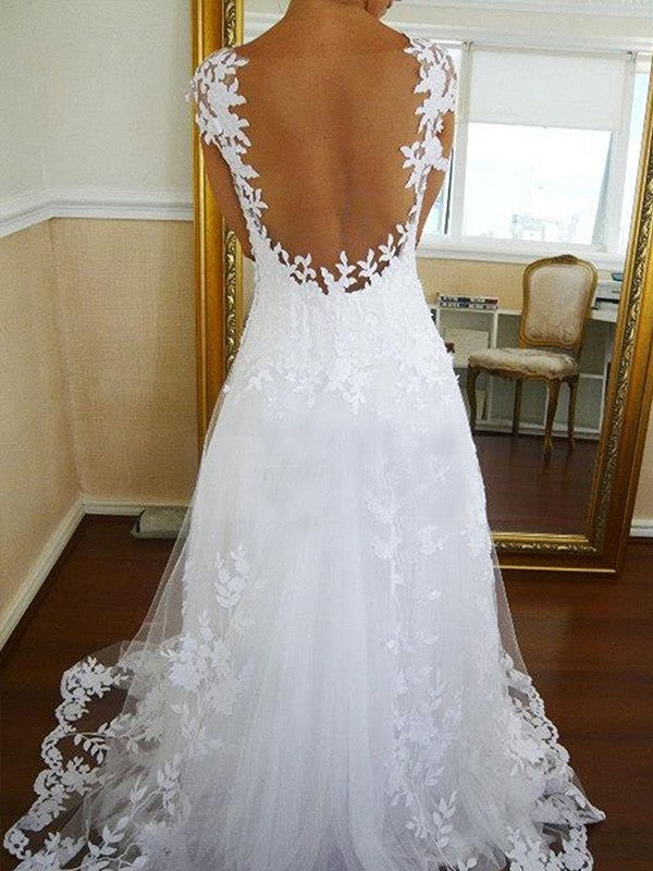 Princess A-Line V-neck Lace Sleeveless Sweep/Brush Train Tulle Illusion Back Wedding Dress OW118