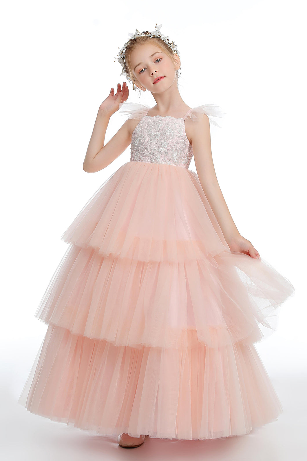 Layered Tulle Pink Ruffles Flower Girl dress With Bowknot