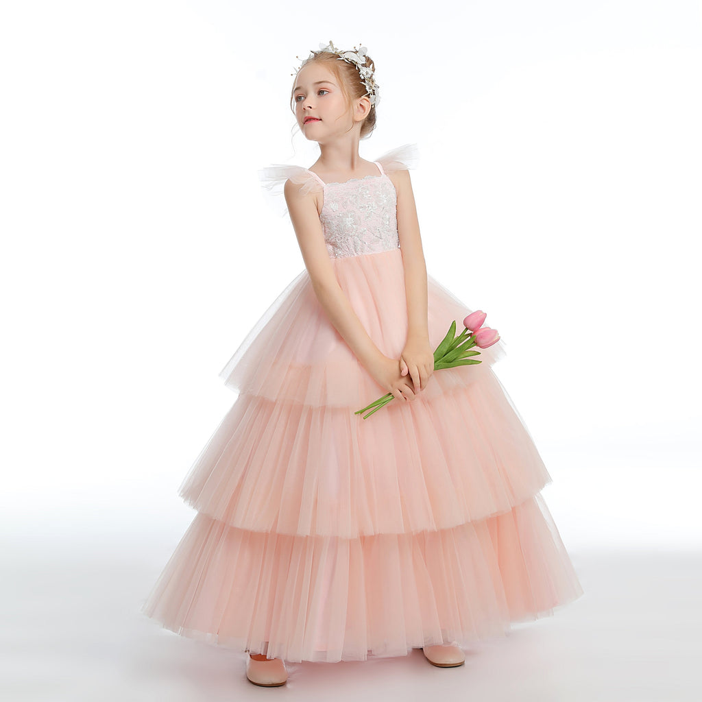 Layered Tulle Pink Ruffles Flower Girl Dress With Bowknot