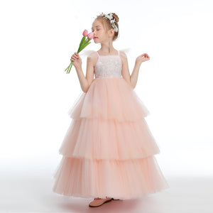 Layered Tulle Pink Ruffles Flower Girl dress With Bowknot