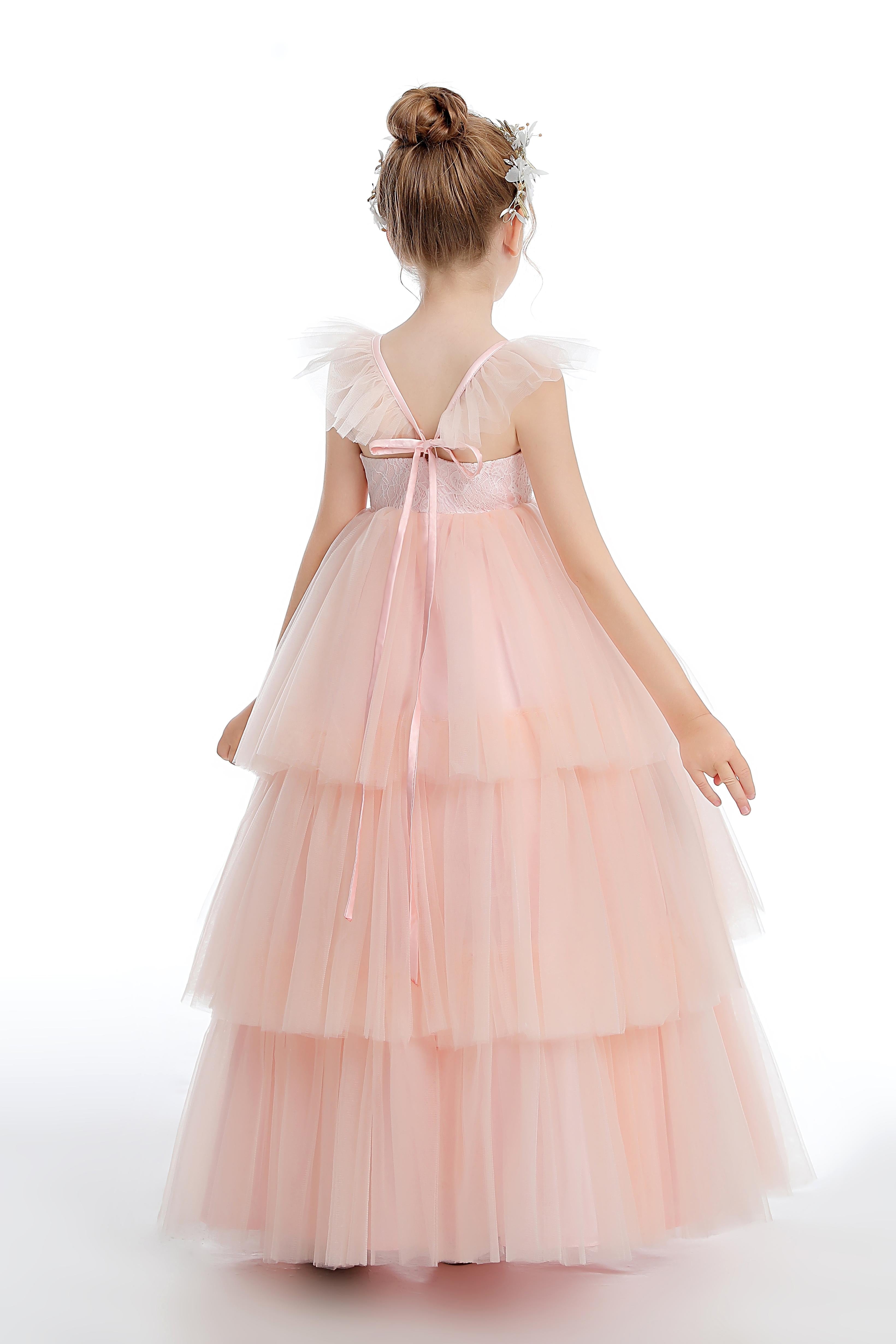 Layered Tulle Pink Ruffles Flower Girl Dress With Bowknot