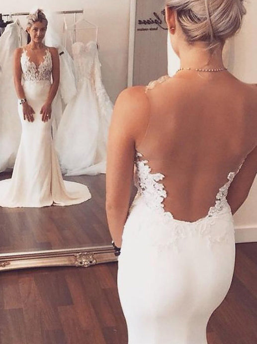 Sheath/Column Applique Scoop Illusion Back Satin Wedding Dress OW262