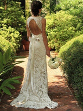 Sheath Sleeveless Lace V-neck Keyhole Gown, Sweep Train Wedding Dress OW120