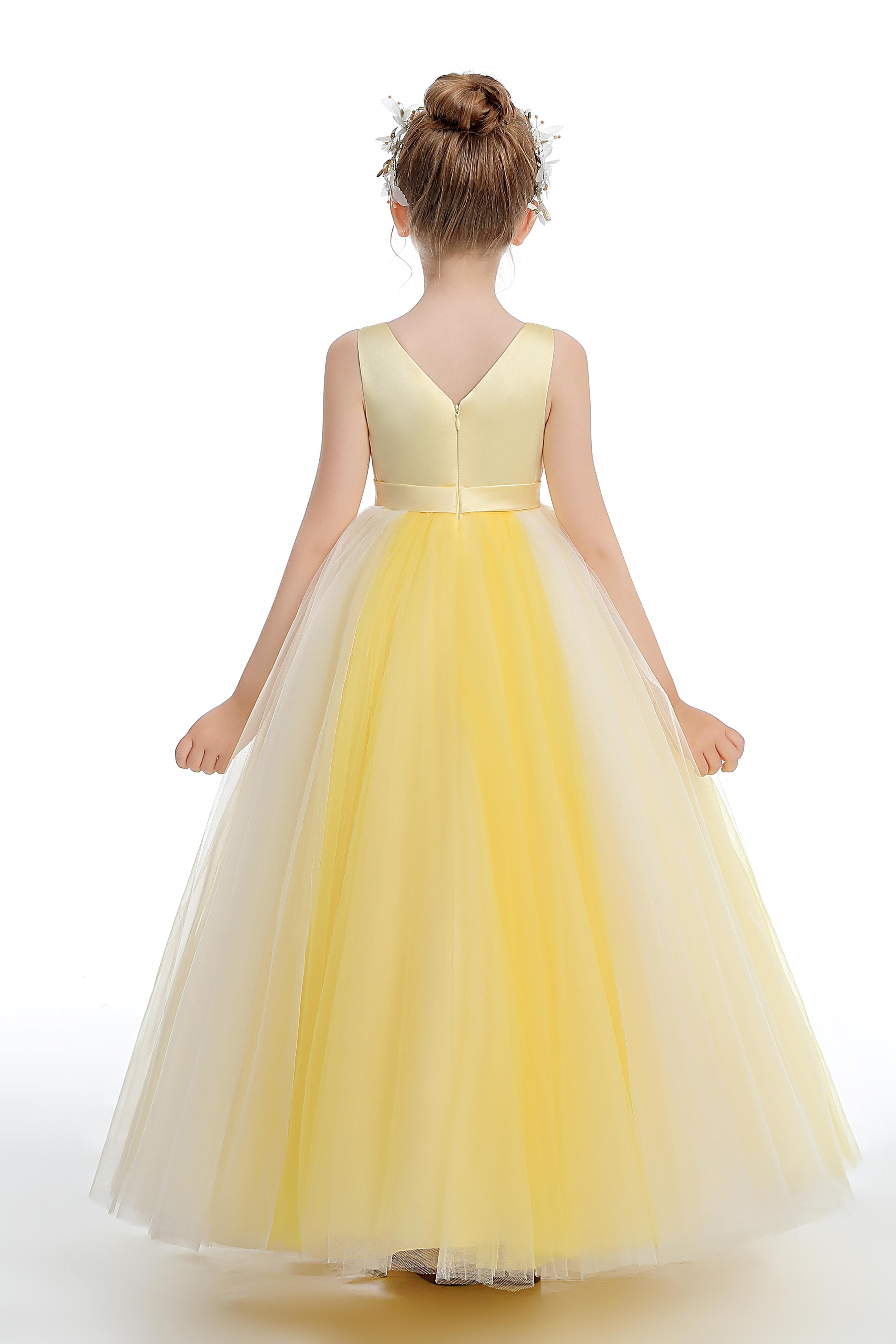 Yellow Sleeveless V Neck Tulle Flower Girl Dress