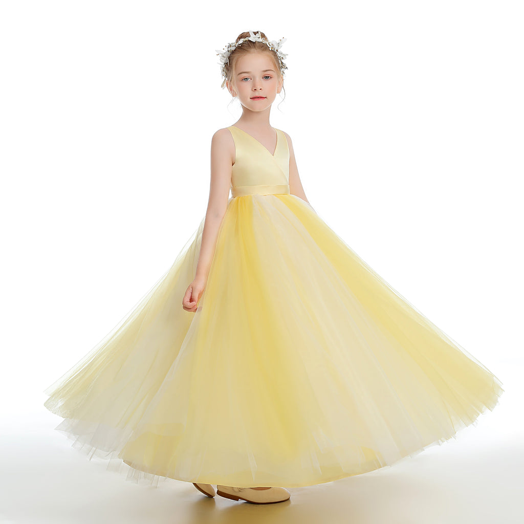 Yellow Sleeveless V Neck Tulle Flower Girl Dress