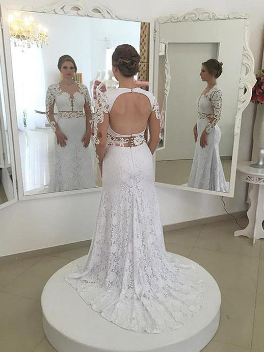 Long Sleeves Sheath/Column Lace Scoop Open Back Wedding Dress OW271