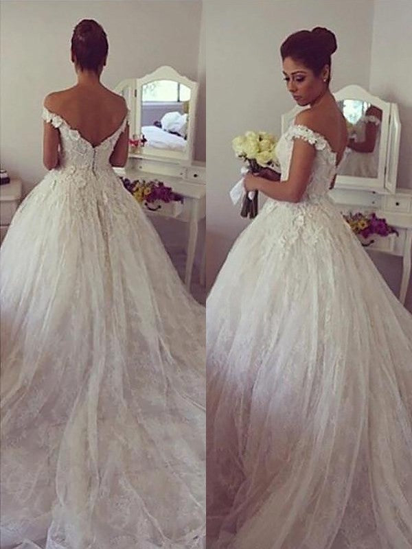 Off-the-Shoulder Lace Ball Gown Court Train Wedding Dress OW273