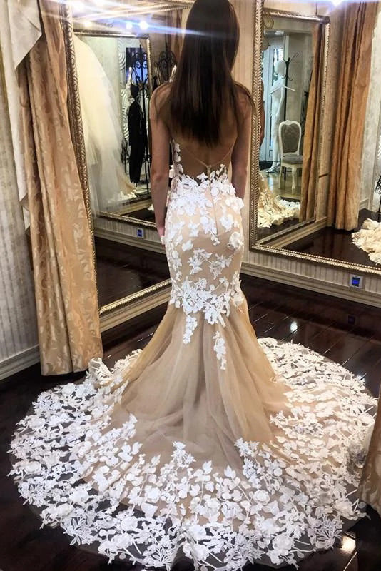 Sexy See Through Backless Tulle Mermaid Wedding Dresses With Appliques OW652